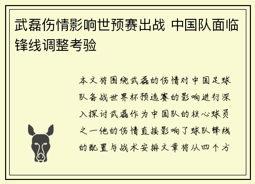 武磊伤情影响世预赛出战 中国队面临锋线调整考验