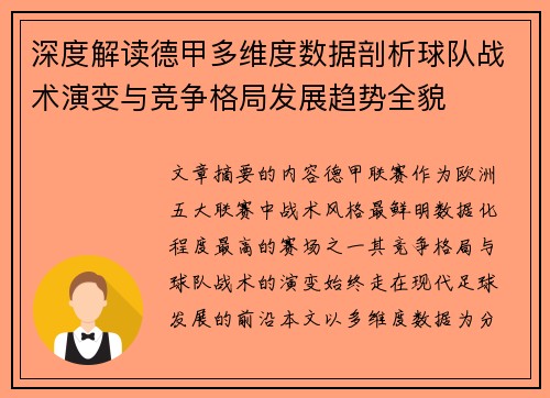 深度解读德甲多维度数据剖析球队战术演变与竞争格局发展趋势全貌